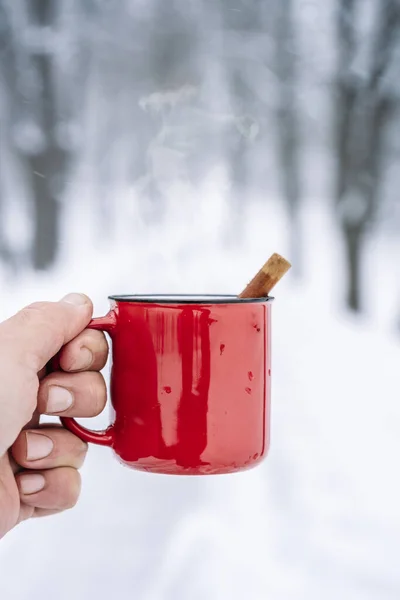 Mulled wine cup in hands in the forest. Winter hot drinks with aromatic spices of cinnamon, cardamom and orange. Warmth, comfort and atmosphere of December nature and Christmas. High quality photo