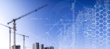 İnşaat teknolojisi afişi geçmişi. Vinçleri, tesisatı ve betonu olan bir inşaat alanı. Yüksek kalite fotoğraf