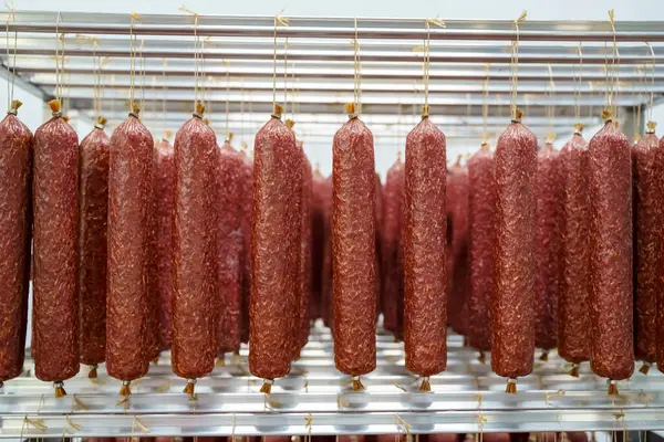 Salami sausage production at a meat factory. Pork and beef sausage salami industry. High quality photo