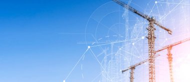 İnşaat teknolojisi afişi geçmişi. Vinçleri, tesisatı ve betonu olan bir inşaat alanı. Yüksek kalite fotoğraf