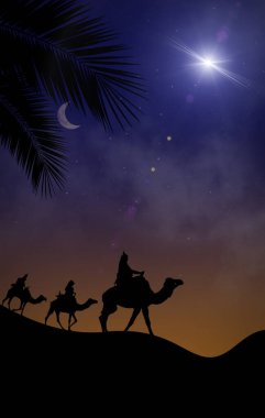 Çölde Magi 'nin doğum sahnesi, yıldız ve gece İsa' nın doğumu. Hristiyan Noel 'i ve Magi konseptinin hediyeleri. Yüksek kalite fotoğraf