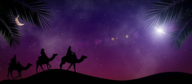 Çölde Magi 'nin doğum sahnesi, yıldız ve gece İsa' nın doğumu. Hristiyan Noel 'i ve Magi konseptinin hediyeleri. Yüksek kalite fotoğraf