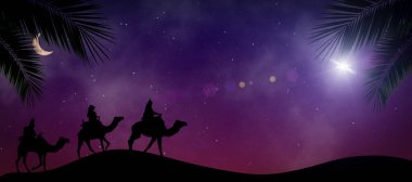 Nativity scene with the Magi in the desert, the star and the birth of Jesus Christ at night. Christian Christmas and the gifts of the Magi concept. High quality photo clipart