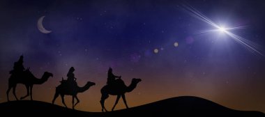 Çölde Magi 'nin doğum sahnesi, yıldız ve gece İsa' nın doğumu. Hristiyan Noel 'i ve Magi konseptinin hediyeleri. Yüksek kalite fotoğraf
