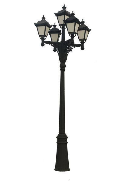 Street lamp isolated. Vintage classic streetlight on empty white background. High quality photo