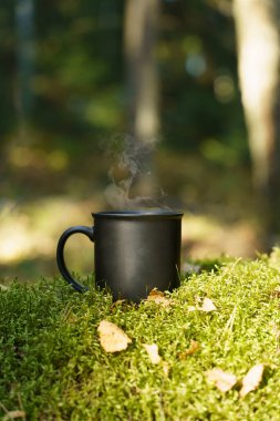 Ormanda, doğada bir fincan sıcak içecek. Yüksek kalite fotoğraf