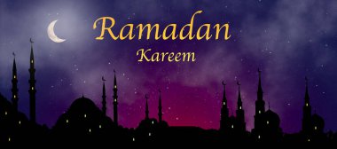 Ramazan akşamı konsept sahne geçmişi. Arapça Ramazan yazıları. Gece camisi ve Müslümanlar. Yüksek kaliteli illüstrasyon