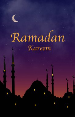 Ramazan akşamı konsept sahne geçmişi. Arapça Ramazan yazıları. Gece camisi ve Müslümanlar. Yüksek kaliteli illüstrasyon