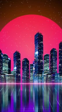 Fütürist neon şehir manzarası dikey arka planı. Yüksek kaliteli FullHD görüntüler