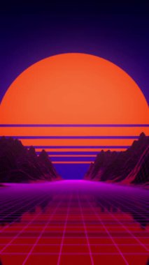Günbatımı manzarası dikey arkaplan hareketi. Gelecekçi 90 'lar tasarımı. Yüksek kaliteli FullHD görüntüler