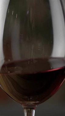 Kırmızı şarap kadehi. Kırmızı şarap bardakta parlıyor. Dikey video. 