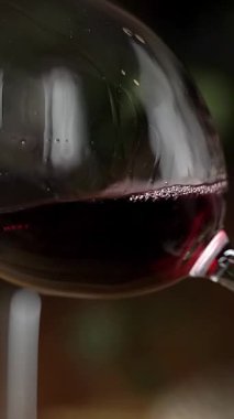 Kırmızı şarap kadehi. Kırmızı şarap bardakta parlıyor. Dikey video. 
