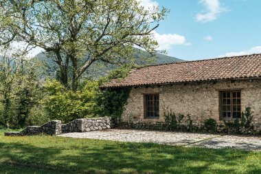 Pencereleri ve fayanslı çatısı olan eski Avrupa köyü taştan evi. Yüksek kalite fotoğraf