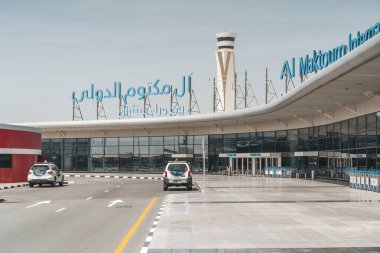 Dubai, BAE - 15 Mayıs 2025: Al Maktoum Uluslararası Havalimanı Jebel Ali 'deki Dubai Dünya Merkezi. Yüksek kalite fotoğraf