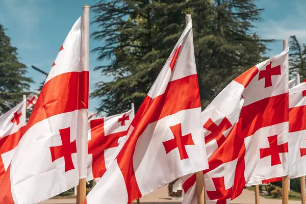 Gürcistan Ulusal Bayrağı Rüzgarda Dalgalanıyor. Yüksek kalite fotoğraf