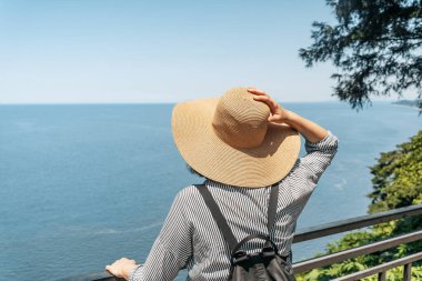 Açık yaz kıyafetleri ve hasır şapkalı genç bir kadın yüksek kıyı manzaralı bir yerde duruyor ve uzak okyanus ufkuna bakıyor. Modern keşiflerin, gezgin şehvetin ve açık havanın özünü yakalıyorum.