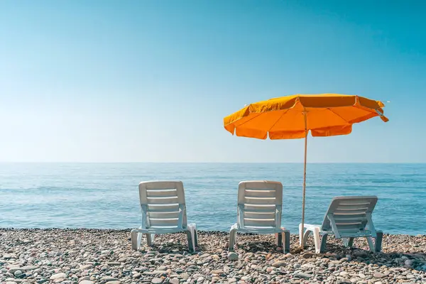 Açık mavi bir gökyüzünün altında kumlu bir sahilde güneşlenen ve plaj şemsiyesi olan rahatlatıcı bir yaz sahnesi. Sakin dalgalar ve parlak gün ışığı mükemmel bir tatil havasını çağrıştırıyor. Seyahat ve turizm için ideal