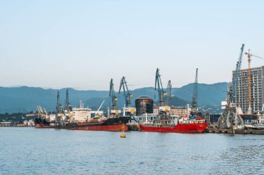 Batumi, Georgia - 10 Haziran 2025. Gürcistan 'ın Karadeniz kıyısındaki Batumi limanının fotoğrafı, sanayi vinçleri, kargo konteynerleri ve kıyı havası altında demirlemiş gemileri çekiyor. Sahne