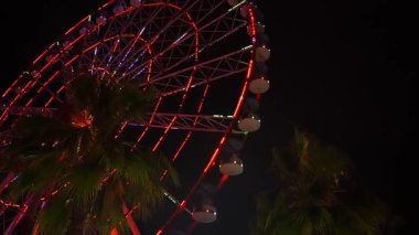 Göz kamaştırıcı neon ışıklarla aydınlatılmış canlı bir dönme dolap gece vakti bir lunaparkta derin siyah gökyüzüne doğru döner. Uzun pozlama hareketi yakalar ve hipnotik dairesel bir etki yaratır.