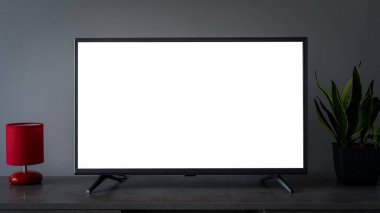 TV 'nin öncülüğünde ekran. Oturma odasının içinde kaldırımda duran akıllı bir televizyon. Yüksek kalite fotoğraf