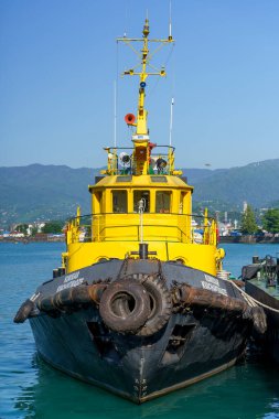 Batumi, Georgia - 10 Haziran 2025. Gürcistan 'ın Karadeniz kıyısındaki Batumi limanının fotoğrafı, sanayi vinçleri, kargo konteynerleri ve kıyı havası altında demirlemiş gemileri çekiyor. Sahne