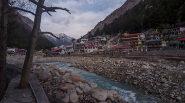 Uttarakhand, India - April 4th, 2021 : Gangotri town by the side of Bhagirathi river, the origin of the River Ganges and seat of the goddess Ganga -