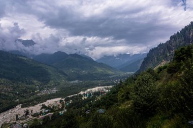 Manali, Himachal Pradesh, India - 01 September 2021 : Aerial view of Manali Town.