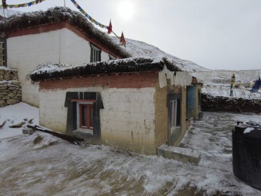 Spiti, Himachal Pradesh, India - April 7th, 2021 : Winter landscape in a fabulous location, snow covered village in himalayas.