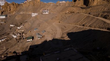 Spiti, Himachal Pradesh, India - April 1st, 2021 : Beautiful landscape with high mountains with illuminated peaks, Amazing scene with Himalayan mountains
