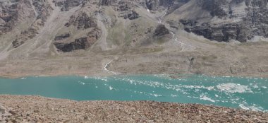 Himachal, India - July 10th, 2022 : Fantastic view of ghepan lake in himalayas. Picturesque summer landscape. Beauty of nature concept background.