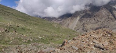 Himachal, India - July 10th, 2022 : Fantastic view of ghepan lake in himalayas. Picturesque summer landscape. Beauty of nature concept background.