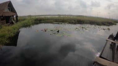 Meitei halkı sandalda yavaşça kürek çekiyor, Loktak Gölü, Manipur