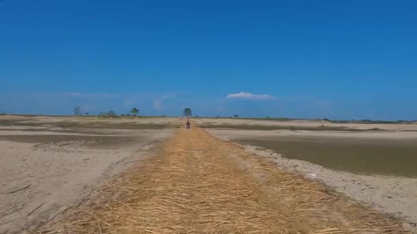 Montar Bicicleta Camino Construido Bajo Cielo Despejado Majuli India — Vídeo de stock