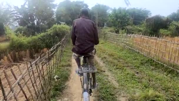 Старик Ездит Велосипеде Пути Между Сельскохозяйственными Полями Ассо Индия — стоковое видео