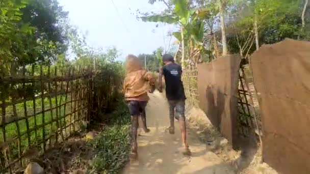 Två Pojkar Springer Liten Väg Mellan Fälten Byn Assam Rödspätta — Stockvideo