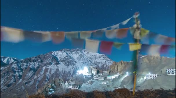 Timelapse Starry Sky Moonrise Himalayan Village Spiti Valley — Stock video