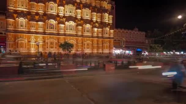 Timelapse Drukke Verkeer Buurt Van Hawa Mahal Nachts Jaipur Rajasthan — Stockvideo
