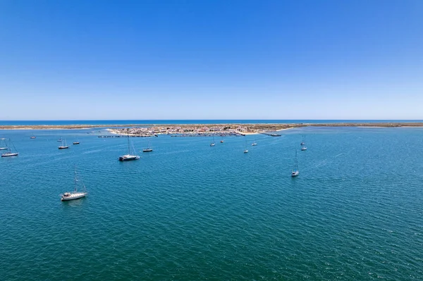 Vista Aérea Ilha Culatra Porto Pesca Praia Uma Das Ilhas — Fotografia de Stock