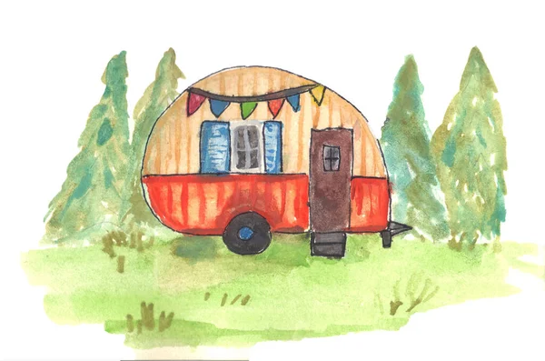 Egy Akvarell Festmény Egy Öreg Lakókocsiról Erdőben — Stock Fotó