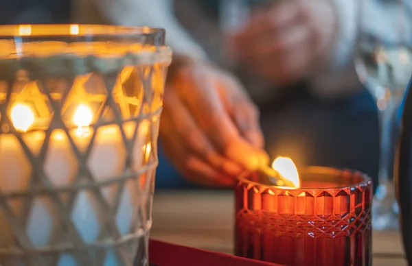 Close Shot Woman Hand Lighting Candle Using Matches — Fotografia de Stock