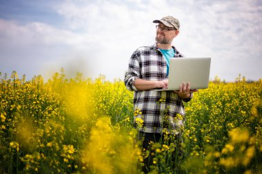 Genç yetişkin çiftçi kanola tarlasını dizüstü bilgisayarla inceliyor. Akıllı tarım ve dijital tarım kavramı