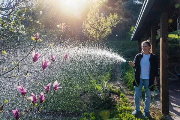 Young Happy Young Woman Gardener Watering Garden Hose Country House — Stock Photo, Image
