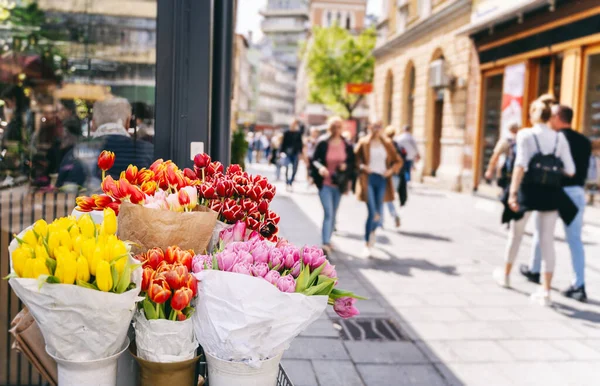 Bandeja Con Coloridas Flores Tulipanes Calle Una Ciudad Europea Paisaje —  Fotos de Stock