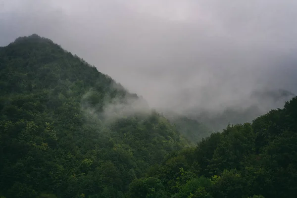 Gyönyörű Atmoszférikus Táj Köd Zöld Hegyeken Felhős Időben — Stock Fotó