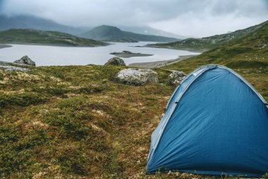 Kuzey Avrupa 'da çadırı olan vahşi bir kamp Norveç' te ulusal bir park olan İskandinavya 'da seyahat ediyor.,