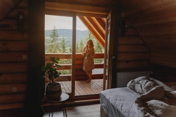 Young Relaxed Cheerful Woman Enjoying Morning Nature Cottage Balcony Sunrise — Stock Photo, Image