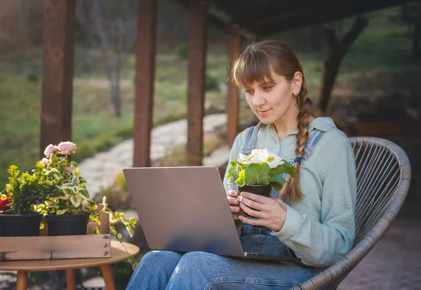 一位年轻女子坐在阳台上的笔记本电脑前 手里拿着一盆鲜花 参加了网上园艺课程 网上花卉养殖 图库照片