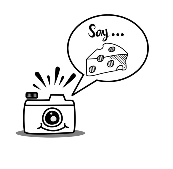 Photo Camera Text Say Cheese Doodle Style — Vector de stock