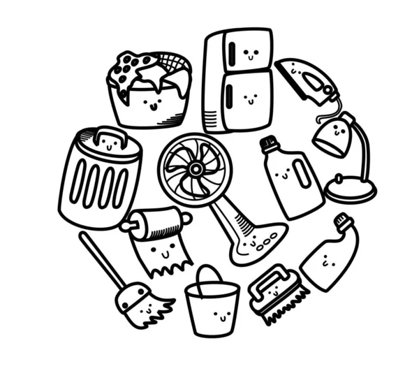 set of housewrok collection in kawaii doodle artline vector