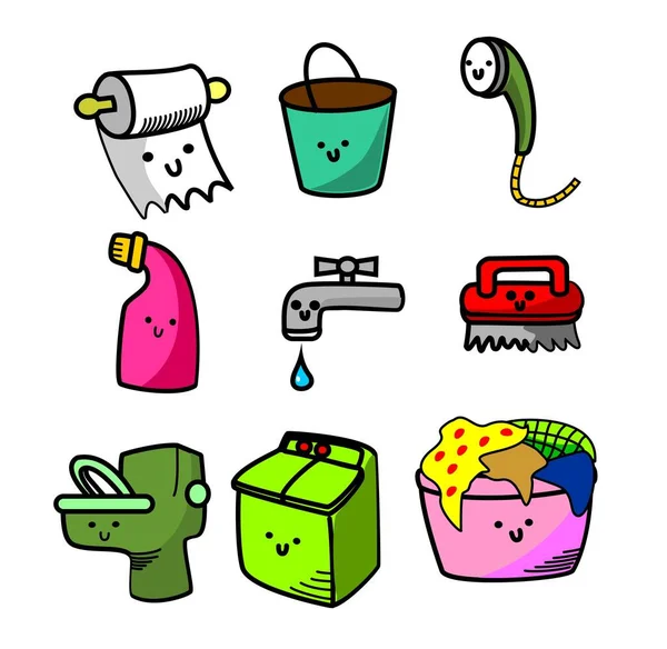 colorful housework elements in kawaii doodle style